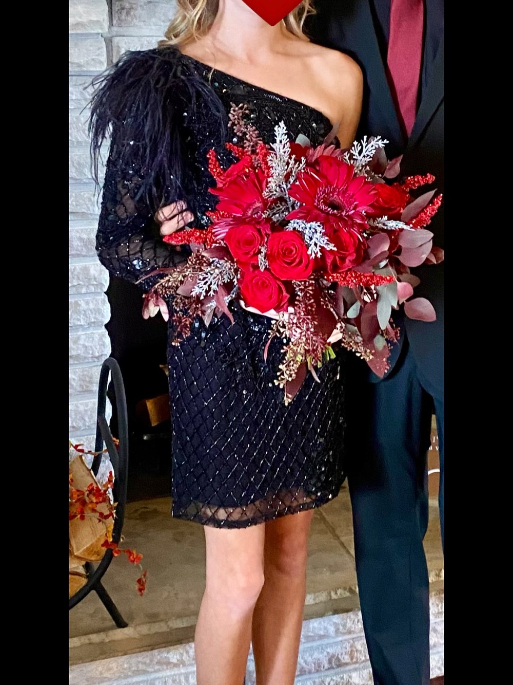 Sherri Hill Black One-Shoulder Sequin Dress with Feather Sleeve